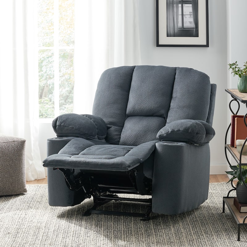 Brown Fabric Manual Recliner with Dual Cup Holders and Generous Dimensions