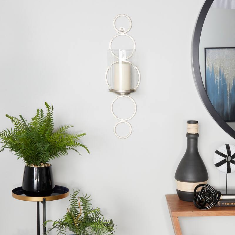 CosmoLiving by Cosmopolitan Metal Stacked Circle Geometric Wall Sconce with Glass Holder - Gold, Black, Silver - Silver