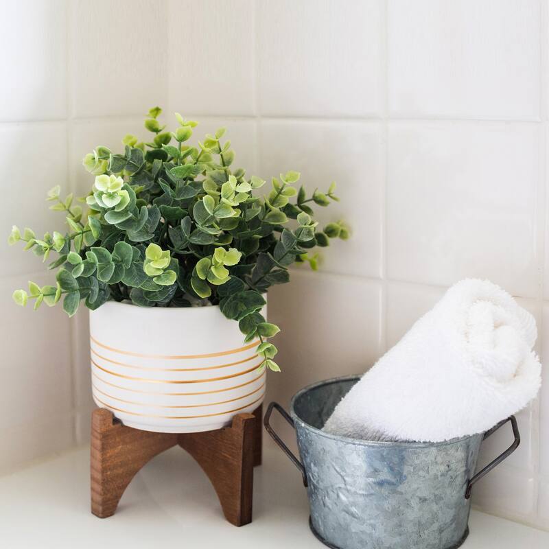 Artificial Plant Eucalyptus in 4.75" Ceramic Pot on Wood Stand - ONE-SIZE