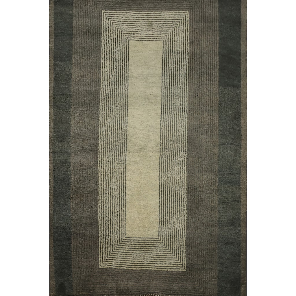 Hand Knotted Oriental 100% Wool Carpet Modern Geometric Greys & Charcoal Gabbeh Area Rug - 6' 7'' X 5' 1''