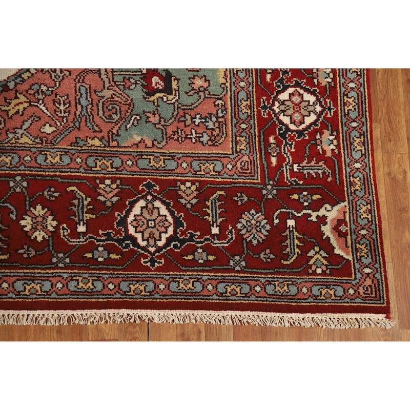 Hand Knotted Oriental 100% Wool Carpet Traditional Medallion Beige & Ivories Heriz (serapi) Area Rug - 12' 2'' X 8' 9''