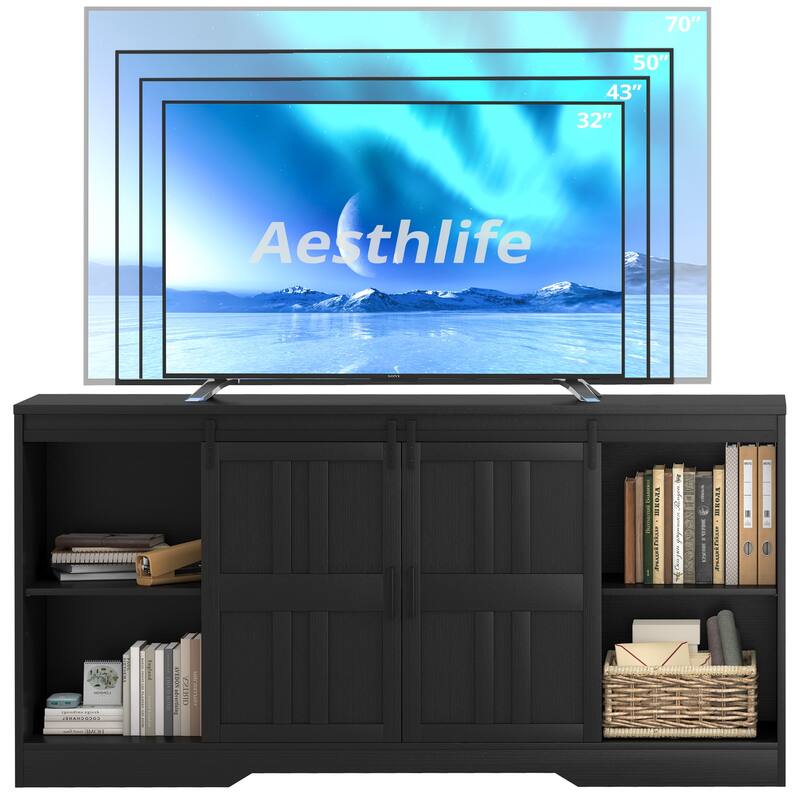 TV Stand for 65 Inch TV, Mid Century Modern Entertainment Center with Sliding Barn Doors