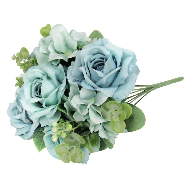 Set of 2 Light Turquoise Artificial Mixed Rose Hydrangea Flower Stem Bush Bouquet 19in - 19" L x 12" W x 12" DP