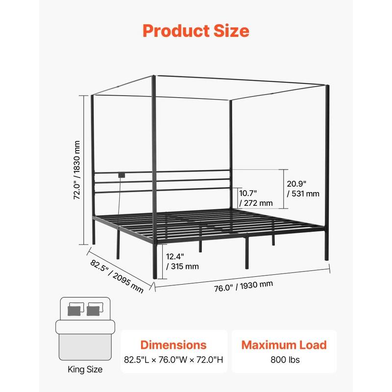 Black Metal Canopy Bed Frame King Size with 12.4 Inch Storage Space and Strong Slats