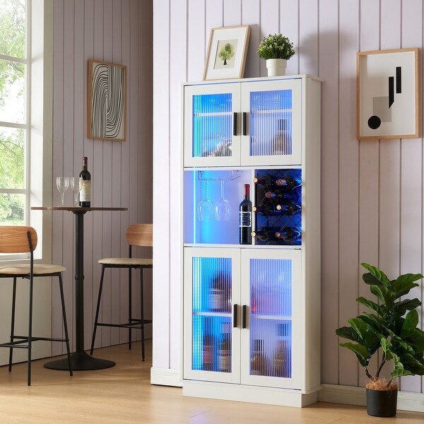 Narrow LED Wine Bar Cabinet with Glass Door Colorful Lighting and Wine Rack for Small Spaces Antique White