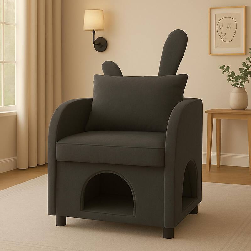 Gray Bunny-Ear Pet-Friendly Armchair with Hideaway, Scratch-Resistant Fabric, Triple-Entry, Compact Design - Multi-Color