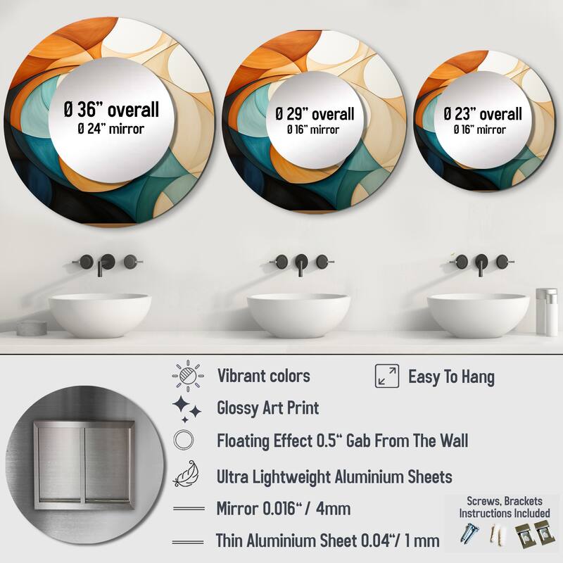 Designart "Orange Mid Century Organic Harmony I" Abstract Round Office Mirror - Mid-Century Modern Mirror For Wall Décor