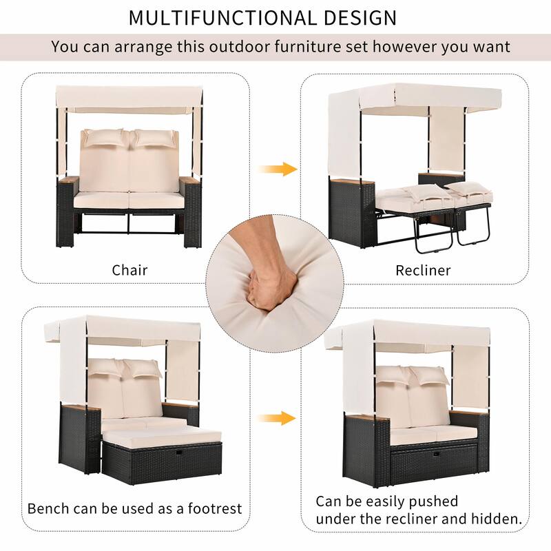 Outdoor Rattan Daybed Set - 5-Position Adjustable Loveseat with Roof and Cushions