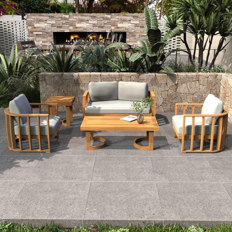Outdoor 5-piece Acacia Wood Conversation Sofa Set with Removable Waterproof Cushions and Coffee/ Side Table - Beige+Natural