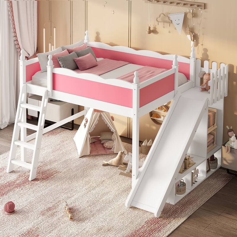Modern High Loft Beds with Full Length Guardrails, Solid Wood Storage Loft Bed Frame with Detachable Slide and Ladders
