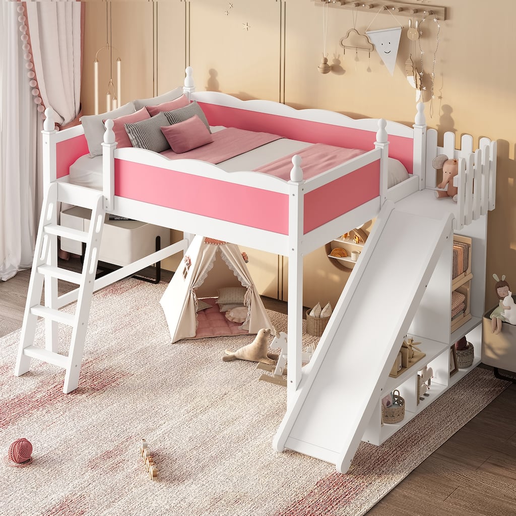 Queen/Full Size Solid Wood Loft Bed with Slide, Storage Shelves, Cabinet, Ladder & Play Area, No Box Spring Needed
