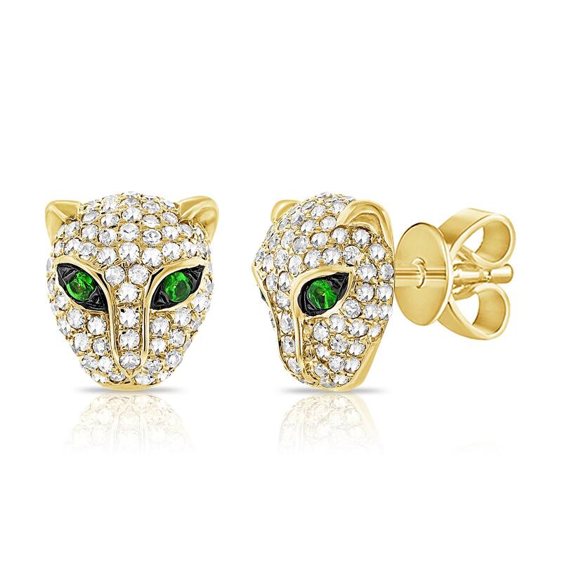 Joelle Collection Garnet & Diamond Panther Stud Earrings 14K Gold - Yellow