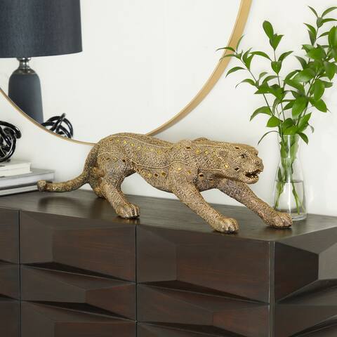 Gold Polystone Glam Leopard Sculpture with Diamond Shaped Mirrored Accent
