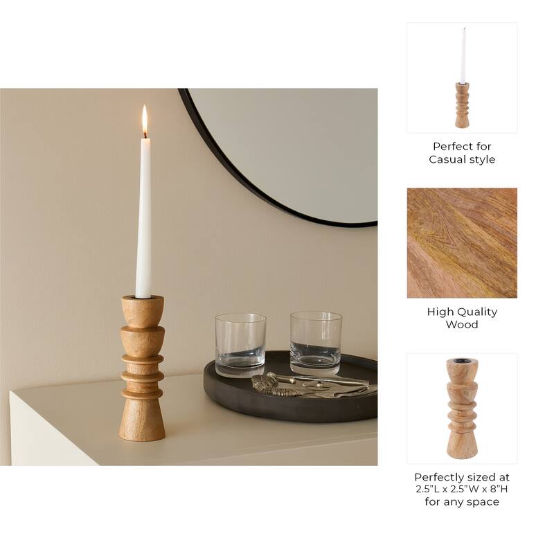 Mango Wood Modern Totem Carved Taper Holder - Tan