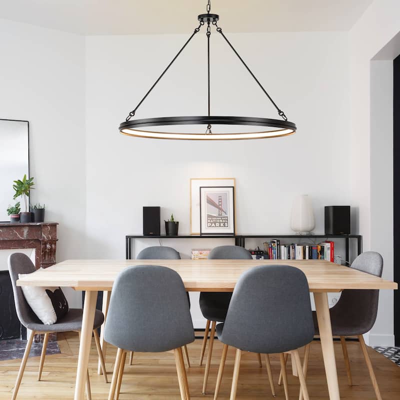 38.1" Modern Black/Gold Integrated LED Large Wagon Wheel Chandelier