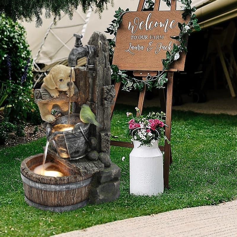 Puppy at the Farmhouse Faucet Resin Outdoor Fountain with Lights