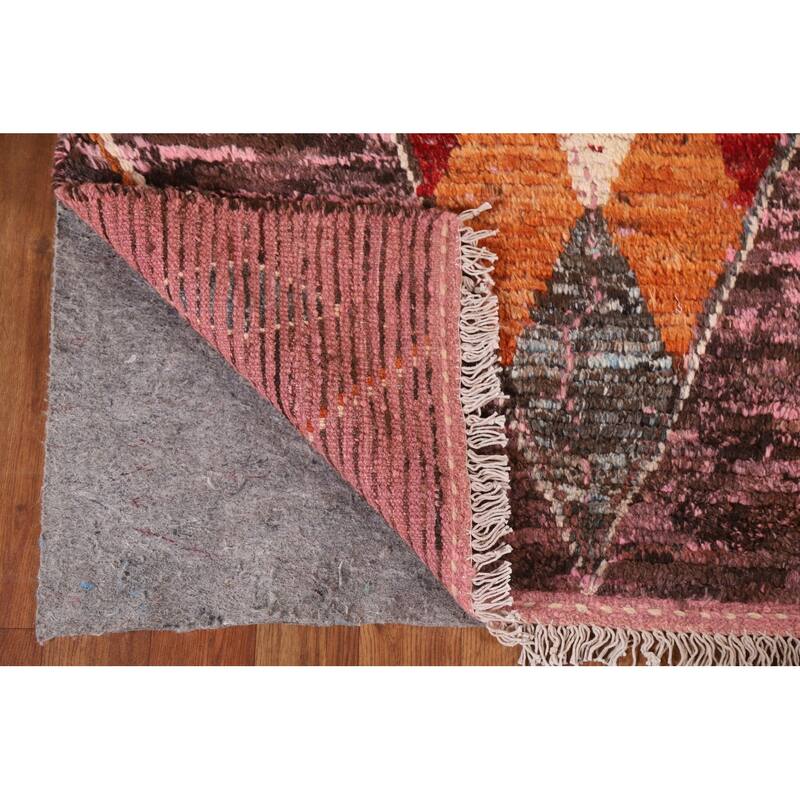 Hand Knotted Oriental 100% Wool Carpet Modern Tribal Pink Moroccan Runner Rug - 9' 10'' X 3' 1''