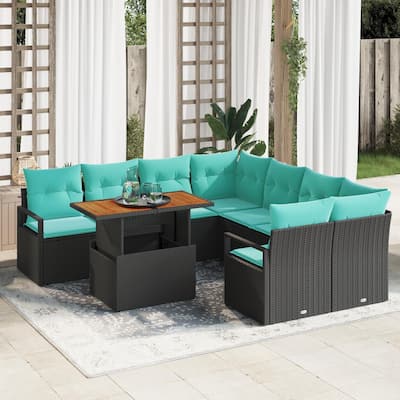 vidaXL 9 Piece Garden Sofa Set with Cushions Black Poly Rattan - 91.3×92.1×27.2