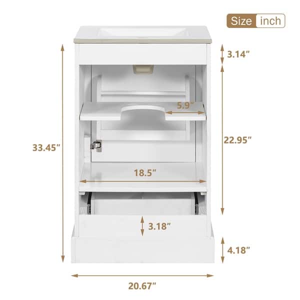 dimension image slide 12 of 15, GDFStudio - Lisa 20" Bathroom Vanity with Ceramic Sink, Soft-Close Door & Storage Rack