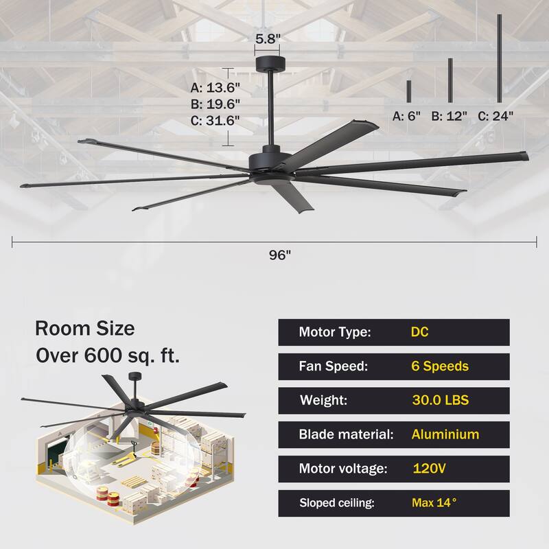 72"/84"/96"/120"/144" Extra Larger HVLS Commercial Ceiling Fan with Remote and Aluminum Blades