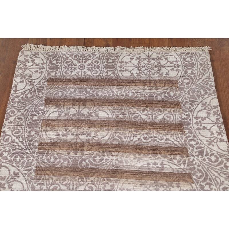 Striped Abstract Accent Rug Handmade Oriental Grey Wool Carpet - 2'10"x 4'6"