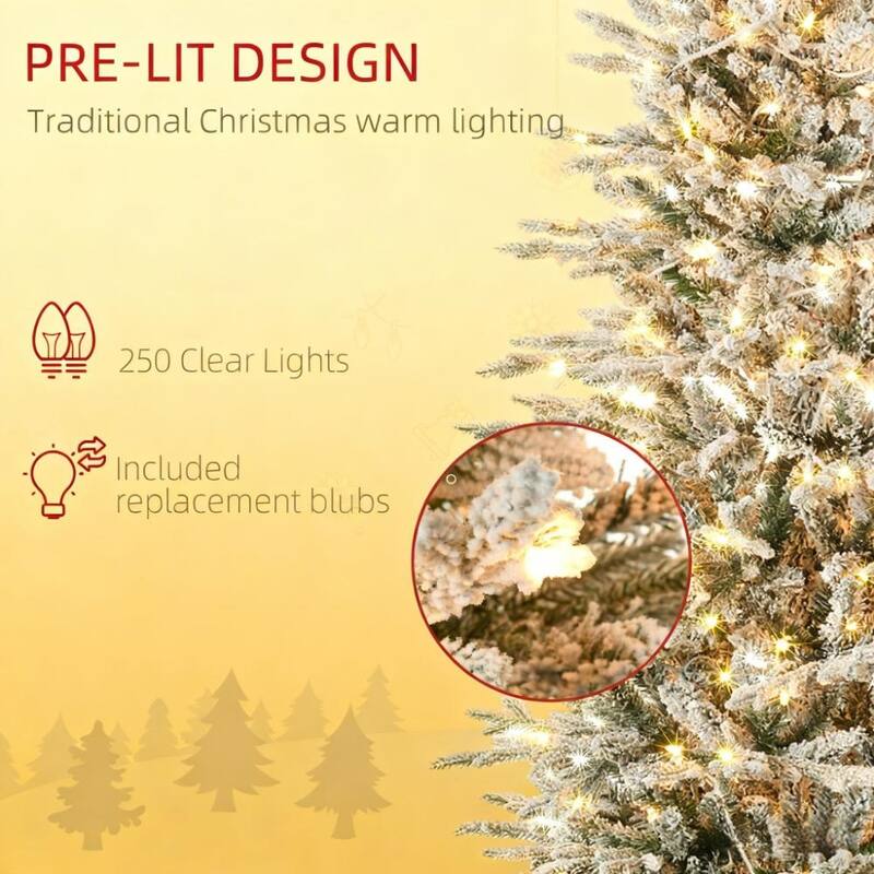 Flocked Artificial Christmas Tree - Snow Branches, Warm Yellow Lights, Auto Open - Green