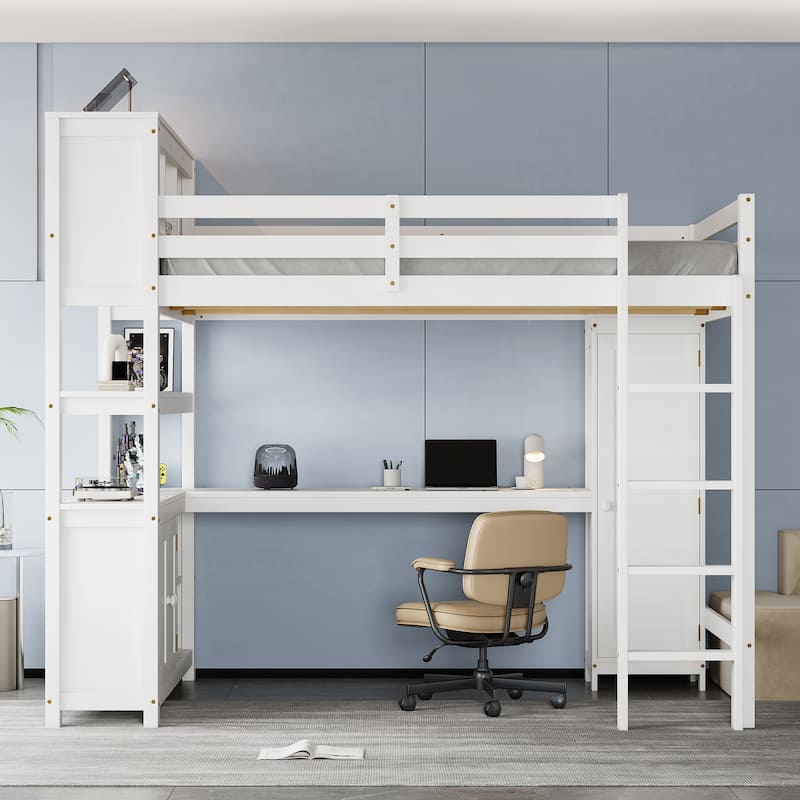 All-in-One Queen Size Loft Bed with L Shape Desk, Bookcase Headboard, Storage Cabinet and Built-in Wardrobe with Hanging Pole - White - Queen