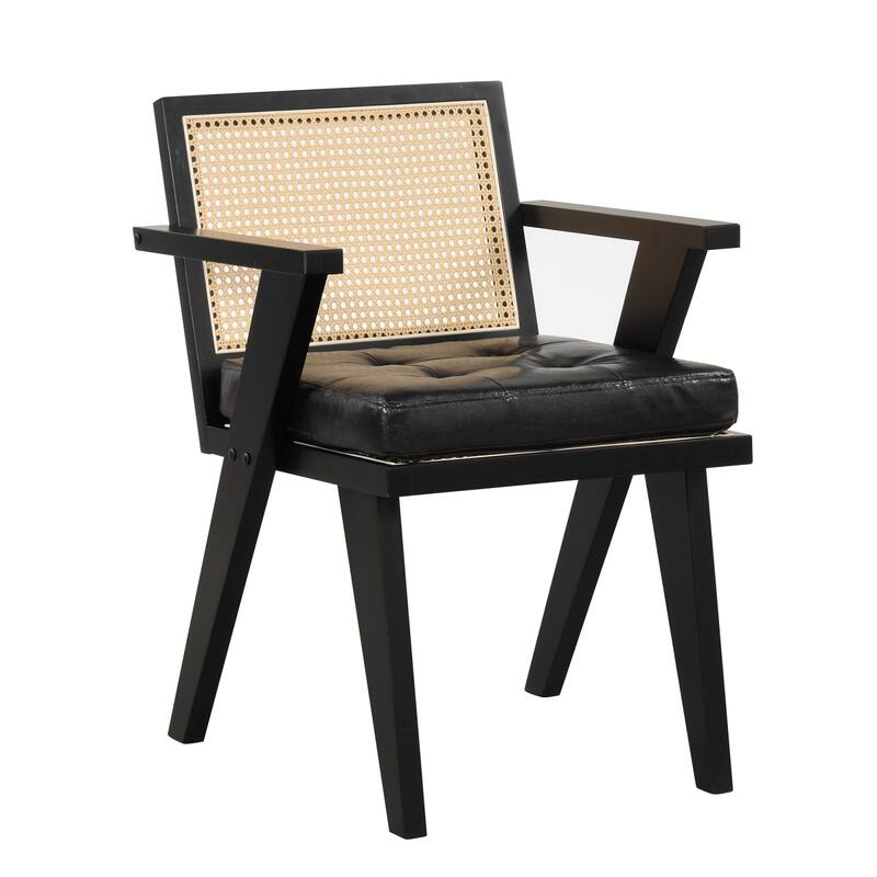 Mid-Century Modern Chair Accent Chair with Handcrafted Rattan Backrest and Padded Seat - 25.30" L x 22.80" W x 31.60" H - Black