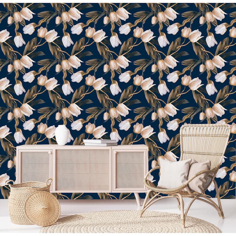 Bravissimo Navy Blue Tulips Peel and Stick Wallpaper - 24'' inch x 10'ft