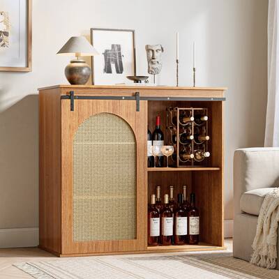 43" Farmhouse Wood Bar Cabinet Sideboard Buffet Storage Cabinet With Adjustable Shelves And Rattan Sliding Doors
