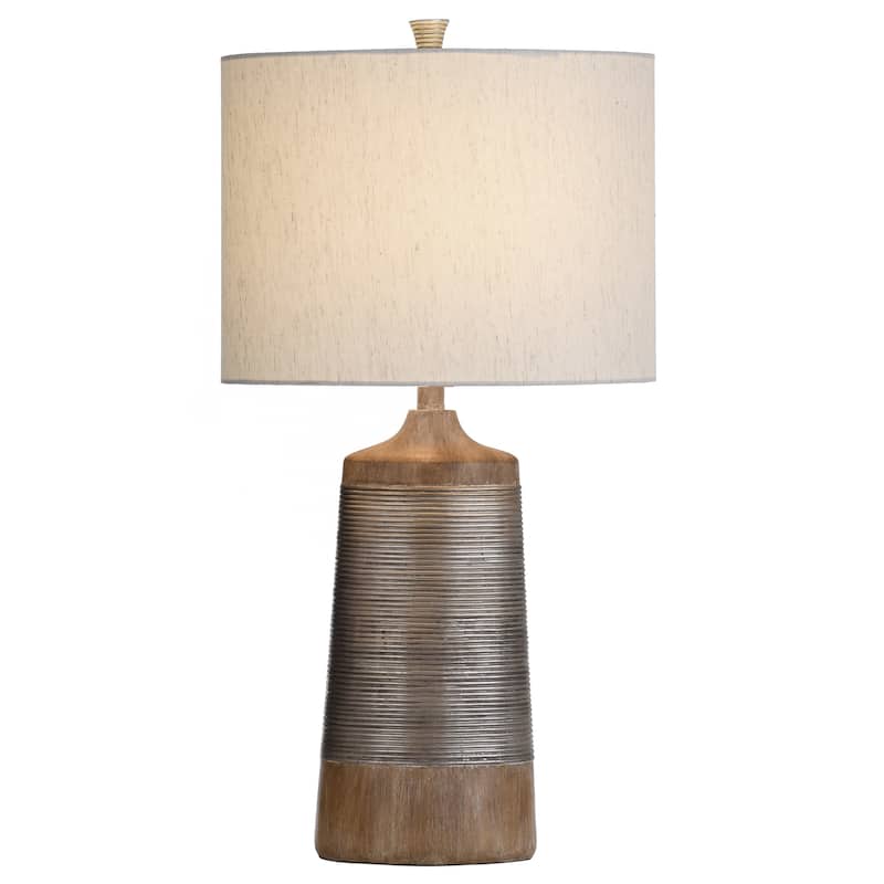 StyleCraft Haverhill Wood and Silver Textured Coil Banded Table Lamp with Oatmeal Drum Shade