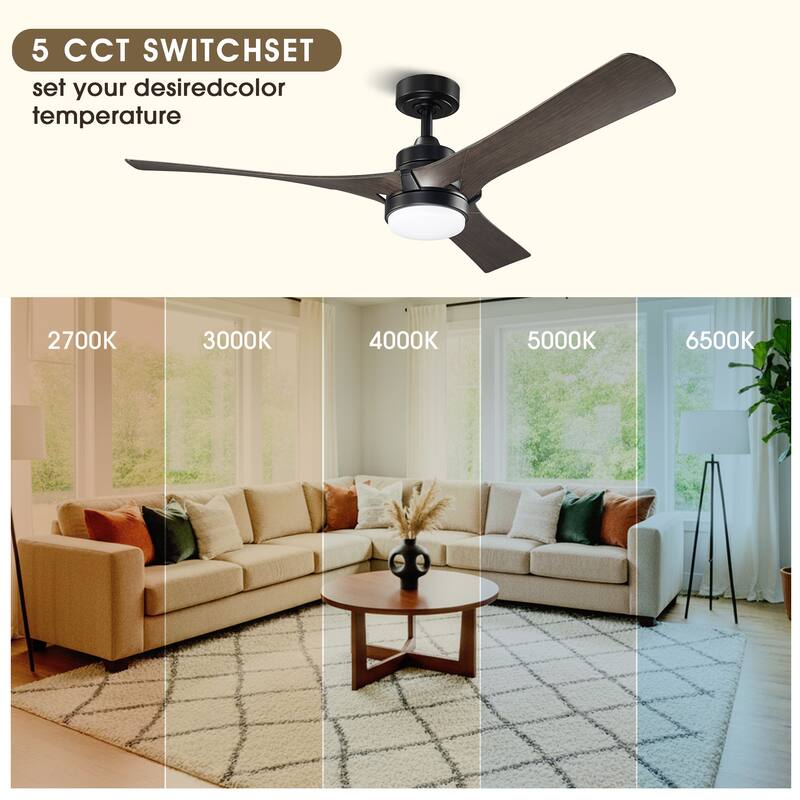 52" Modern Dark Walnut Dimmable LED Propeller Ceiling Fan with Light and Remote
