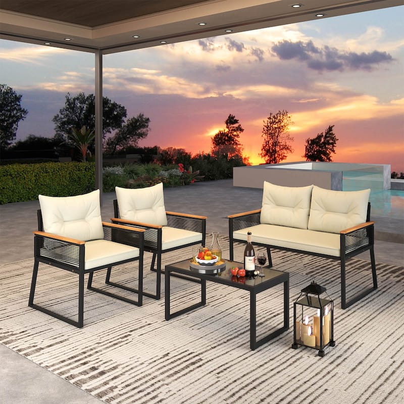 4/8 PCS Patio Wicker Furniture Set Outdoor Cushioned Conversation Set