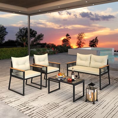 4/8 PCS Patio Wicker Furniture Set Outdoor Cushioned Conversation Set