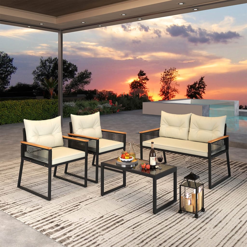 4/8 PCS Patio Wicker Furniture Set Outdoor Cushioned Conversation Set