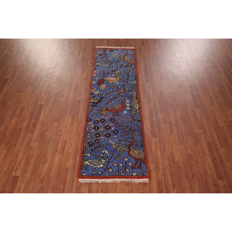 Animals Blue Design Ziegler Indian Runner Rug Handmade Wool Carpet - 2'6"x 7'11"
