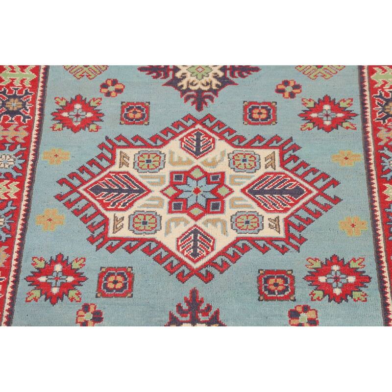 Light Blue Geometric Kazak Foyer Rug Hand-Knotted Oriental Wool Carpet - 3'5" x 4'10"