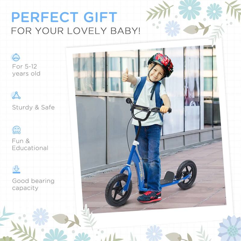 Kids Kick Scooter Adjustable Height Non-Slip Footplate 12" Wheels - 31.7" L x 13.7" W x 31.5" H
