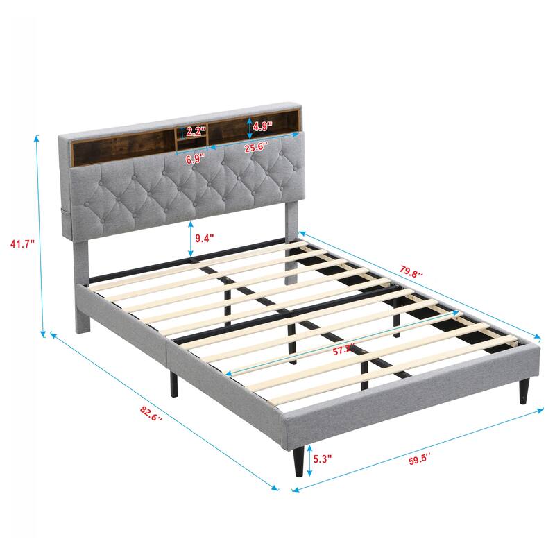 Queen Size Linen Upholstered Platform Bed with Button-Tufted Headboard, USB Charging Station and Side Pockets