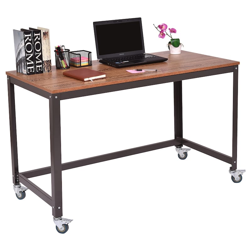 Mobile Computer Desk Simple Style Rolling Home Office Study Table - Brown
