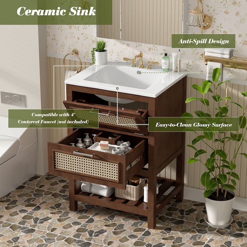 24" Bathroom Vanity with Ceramic Sink - Cabinet with 1 Deep Drawer & Tip-Out Drawer for Small/Medium Bathrooms