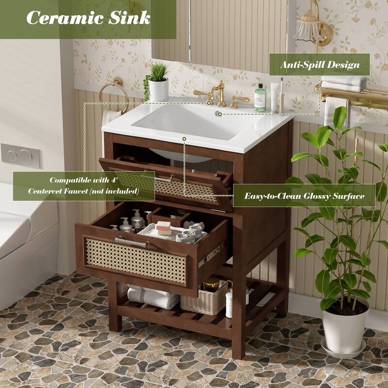 24'' Boho Farmhouse Bathroom Vanity with Ceramic Sink