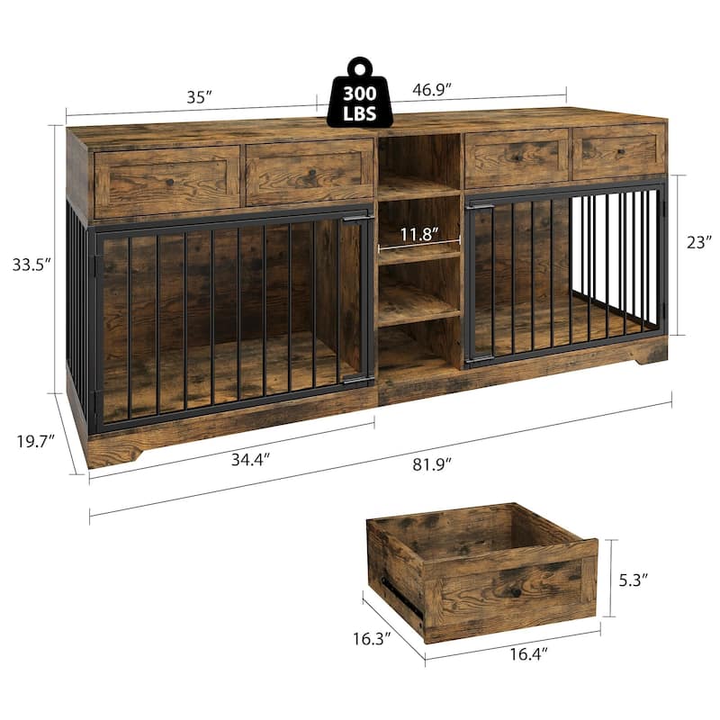 Large Dog Crate for 2 Dogs, with 4 Drawers and Shelves, 82"