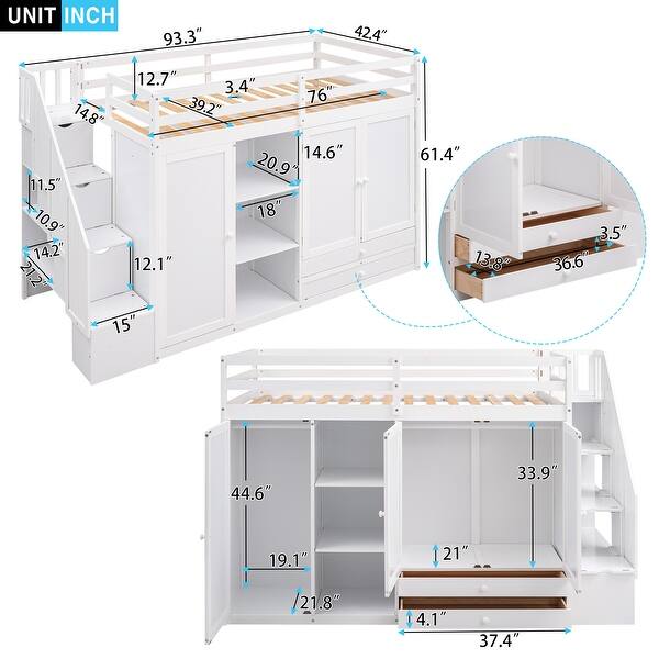 dimension image slide 0 of 2, Functional Loft Bed with 3 Shelves, 2 Wardrobes and 2 Drawers, Gray