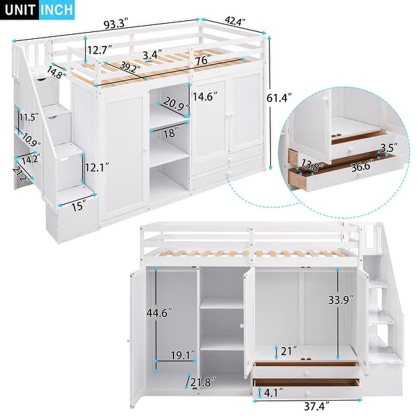 dimension image slide 0 of 2, Twin Size Functional Loft Bed with 2 Wardrobes, 2 Drawers, 3 Shelves and Storage Staircase, Solid Wood Bed Frame with Guardrail