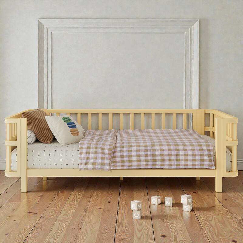 Kids Metal and Wood Platform Bed with Safety Rails, Low Profile Twin Full Children Bed for Boys and Girls - Natural - Twin