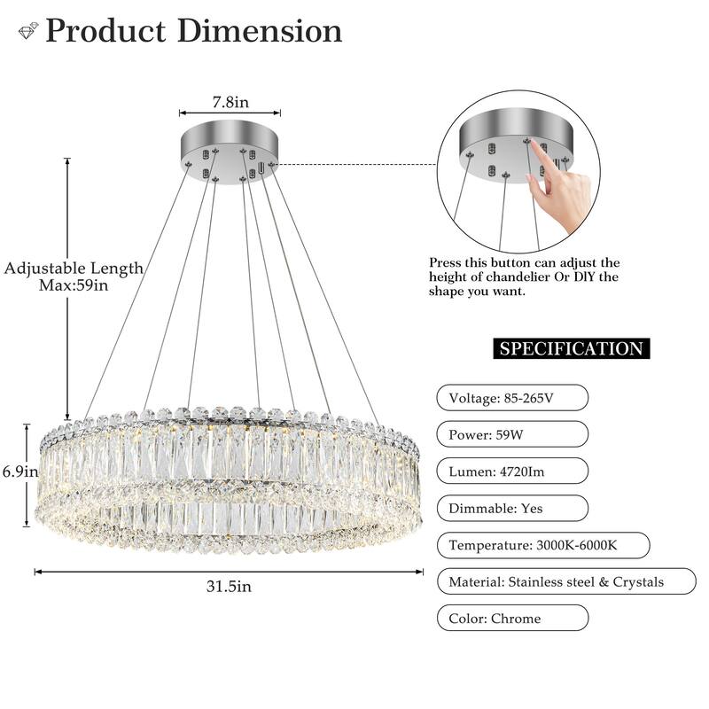 1/2-Tier Dimmable Chrome Crystal LED Drum Chandelier