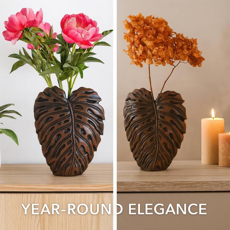 Philo Leaf Brown Textured Polyresin Vase with Botanical Design Accents