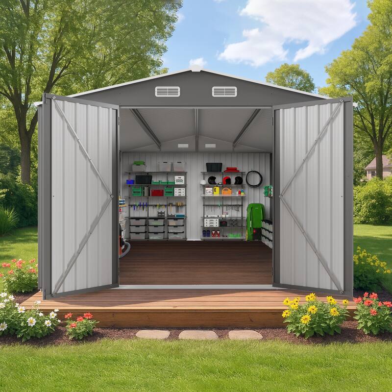 10x14 FT Outdoor Metal Storage Shed, Durable Garden Shed with Three Lockable Doors and Clear Window, All-Weather Shelter