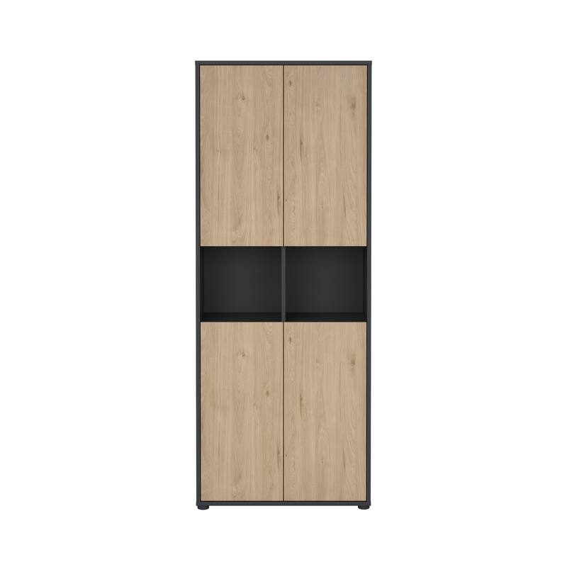 Carson Carrington Sign 6 Shelf Bookcase with 4 Doors, Home Office Storage - 13.5"D x 31.34"W x 80.59"H - Matte Grey/Jackson Hickory